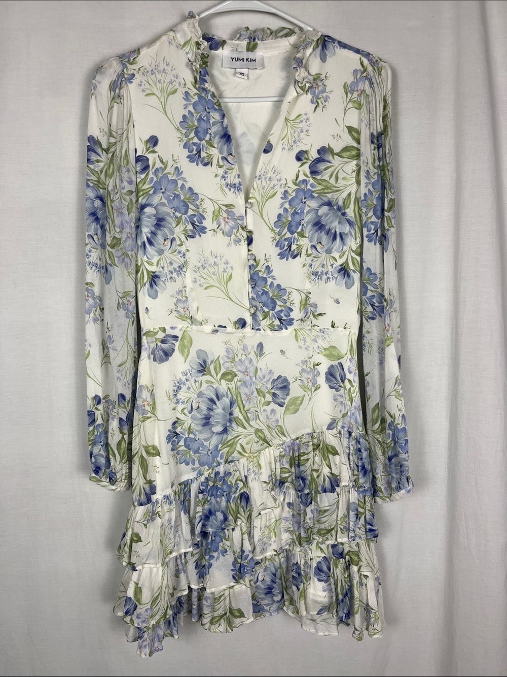 Yumi Kim Serenity Ivory Jenna White and Blue Floral Long Sleeve Mini Flowy Dress